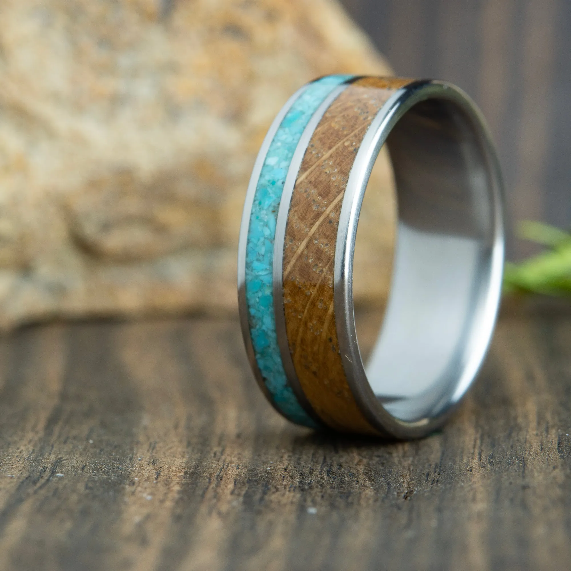Whiskey barrel mens wedding ring with turquoise