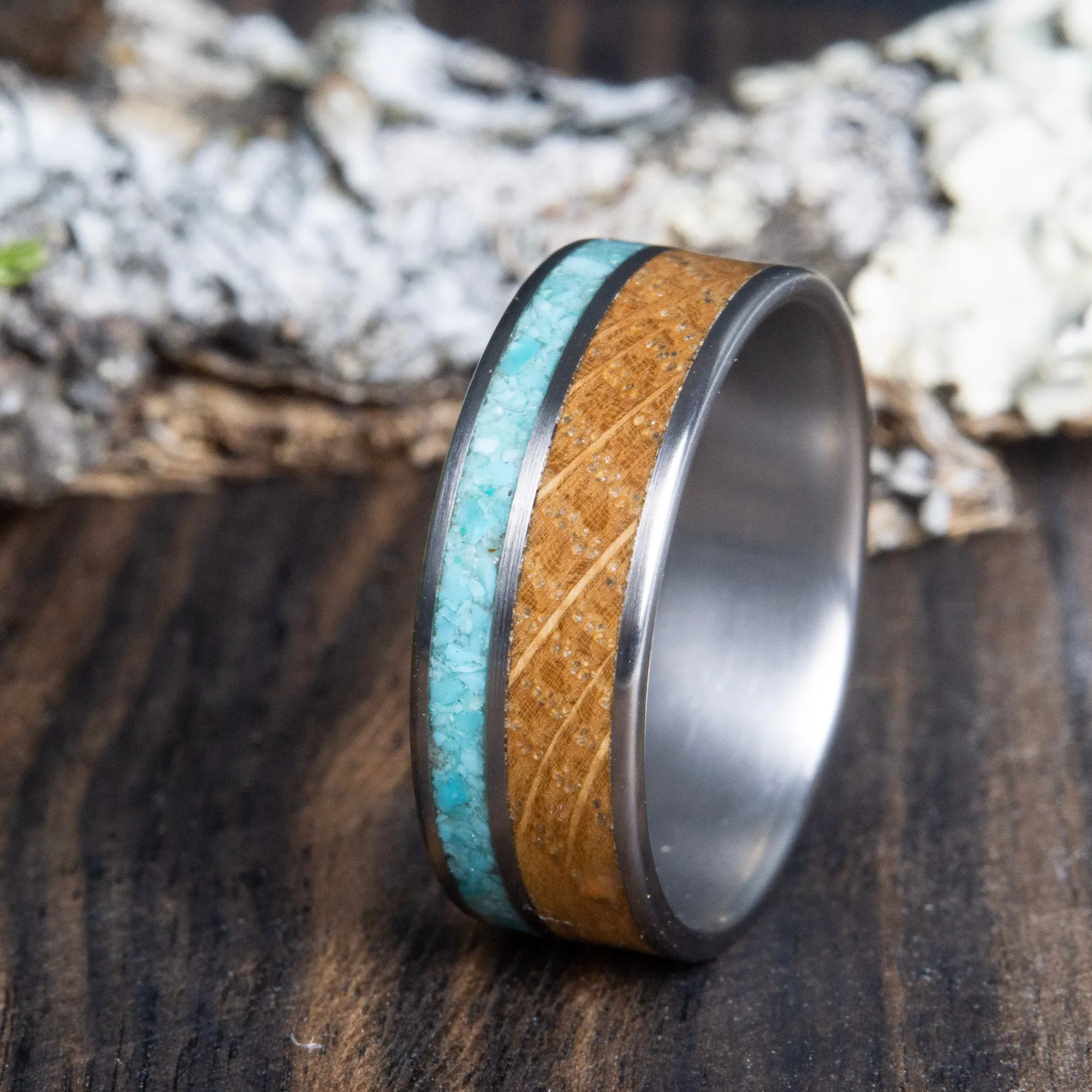 Whiskey barrel mens wedding ring with turquoise