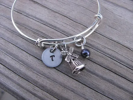 Windmill Charm Bracelet- Adjustable Bangle Bracelet with an Initial Charm and an Accent Bead of your choice