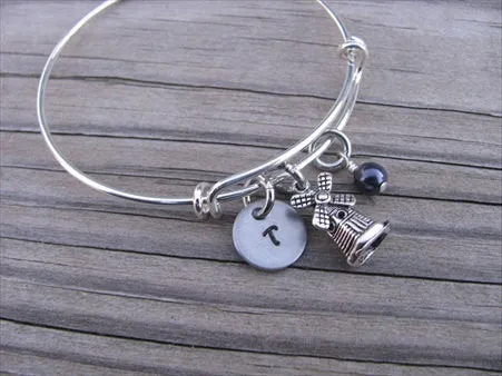 Windmill Charm Bracelet- Adjustable Bangle Bracelet with an Initial Charm and an Accent Bead of your choice