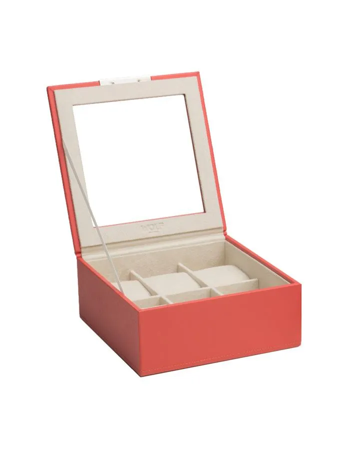 Wolf Stackable 6 Piece Watch Tray with Glass Lid - Coral Saffiano Case